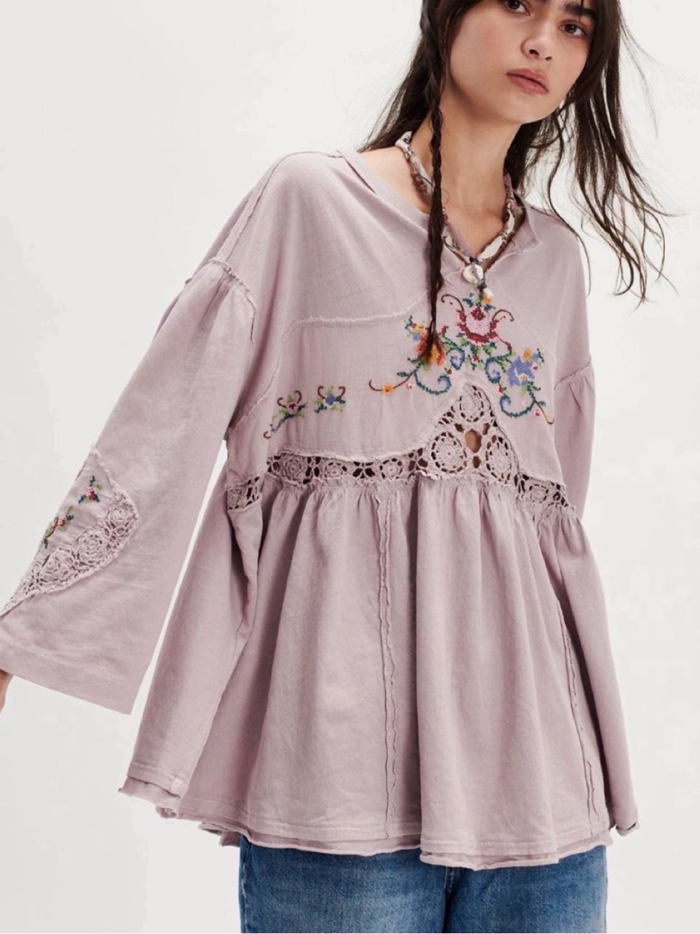 Free People Dusty Mauve Embroidered Crochet Tunic